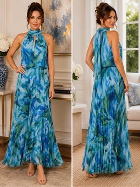 Xscape Turquoise and Green Ciffon Watercolor Halter Maxi Dress